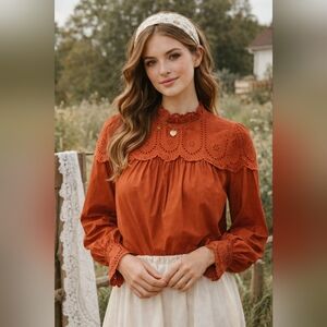 NWT Medium GAP Rust Eyelet Long Sleeve 100% Cotton Blouse Romantic Cottagecore